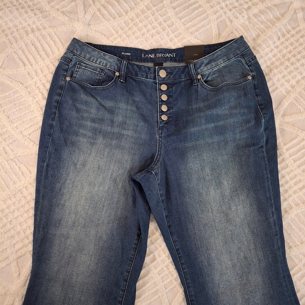 Lane Bryant High Rise Flare Jeans Womens 18 Blue Exposed Button Fly Raw Hem NWT - Picture 3 of 9